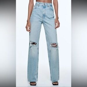 Zara TRF Light Blue Distressed Wide Leg Jeans
Discontinued style!